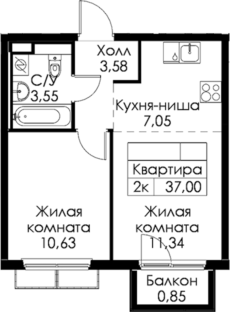 1-комнатная квартира 37 м², 15/15 эт., ЖК «Янинский лес»